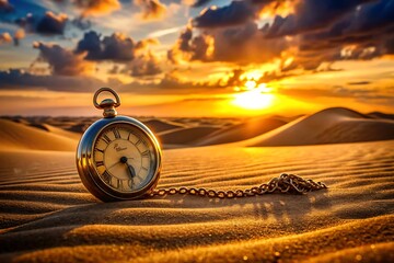 Antique pocket watch rests in desert sand at sunset, golden hour light