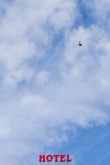 Bird flying in the blue sky above the red hotel sign