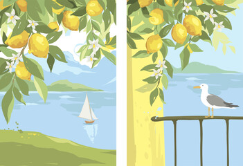 Mediterranean Journey. Background with lemon branches and sea. Hand drawn vector illustration in watercolor style, poster or postcard with citrus and seascape.