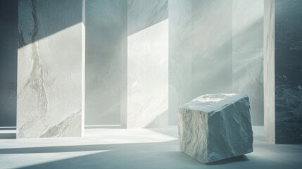 Sunlit white marble room with square stone sculpture pedestal modern minimalist architecture environment