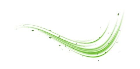 Abstract wind swirls with green leaves and glitter isolated on white background.PNG