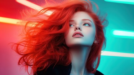Obraz premium A striking close-up portrait of a model with flowing red hair illuminated by vibrant neon lights, creating a captivating and artistic atmosphere that draws in the viewer's attention.