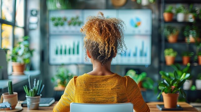 This image showcases a woman working in a bright, plant-filled workspace while analyzing graphs displayed on the screen, emphasizing productivity and focus in a modern setting.