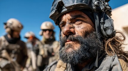 A rugged soldier with dirt-streaked skin shows intense focus and determination, embodying the spirit of resilience and bravery in a challenging military environment.