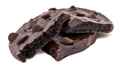 A chocolate chip cookie is cut in half and has a bite taken out of it. The cookie is sitting on a white background