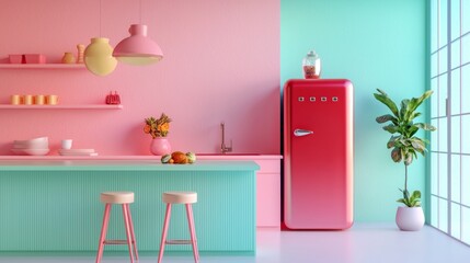 Colorful retro kitchen interior with pink walls red fridge mint cabinets playful home decor setup design