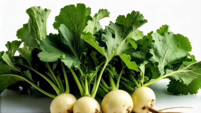 Freshly harvested white turnips with vibrant green leaves displayed on white surface, showcasing natural produce for healthy eating
