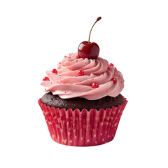 Chocolate Cupcake Pink Frosting Red Cherry Sprinkles Red Liner Isolated White Background