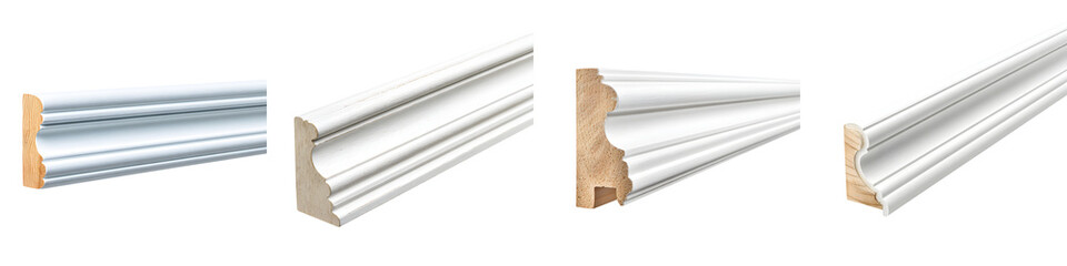 Assorted White Wooden Decorative Moulding Profiles Isolated on White