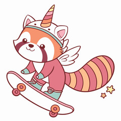 A Playful Red panda with riding a skateboard in a Unicorn Dreams theme – Unicorn Dreams palette SVG illustration