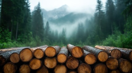 A stack of logs in a misty mountain forest, emphasizing the connection between nature, natural resources, and the serene beauty of untouched wilderness landscapes.