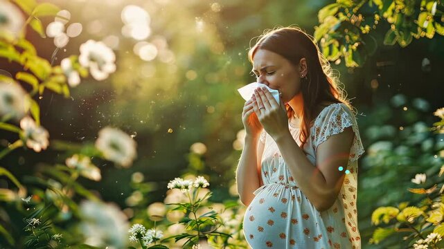 pregnant woman sneezes into a paper napkin selective focus
