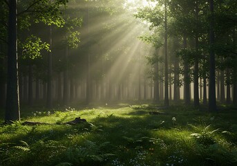 Fototapeta premium Sunlight streaming through a lush green forest in the early morning, creating magical rays across mossy ground, ferns, and wildflowers. Peaceful nature scene evoking serenity and connection.