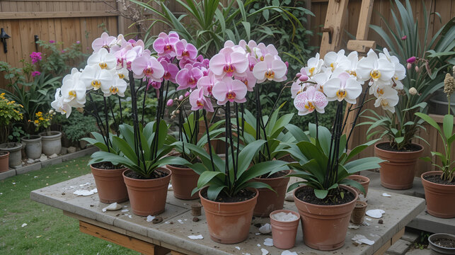 Orchids being repotted in a backyard