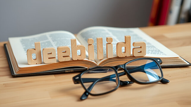 debilidad palabra o concepto representado por baldosas de letras de madera sobre una mesa de madera con gafas y un libro