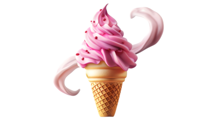 Pink raspberry soft serve ice cream in a waffle cone with swirling top and dotted sprinkles on a transparent background