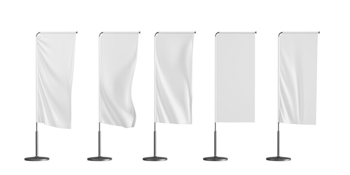 3d white blank advertising banner flag mockup render. Isolated vertical fabric textile promo posters waving on pole. Empty rectangle canvas pennants hanging on metal frame and stand