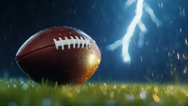 American football ball on wet grass field with lightning strike in stormy rain, intense outdoor sport energy, dramatic atmosphere, powerful storm, and dynamic competition action under dark sky
