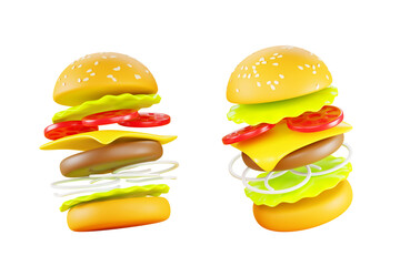 Burger or hamburger fly motion with slice ingredients 3d render icon set. Isolated fast food with bread, sesame, meat, cheese, tomato, salad, onion. Beef cheeseburger, cartoon design