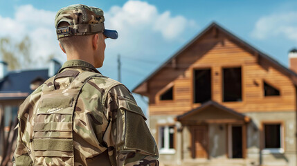 Young soldier standing in front of new house under construction and looking on it, rear view. Military mortgages for armed forces, real estate concept