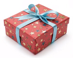 Isolated gift box with star-patterned wrapping and curled ribbon