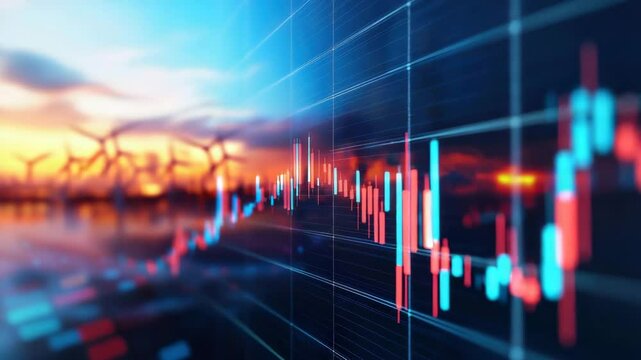 Stock market graph with colorful candlestick chart overlaying blurred background of wind turbines sunset symbolizing renewable energy investment financial growth and stock market chart with red - Powered by Adobe