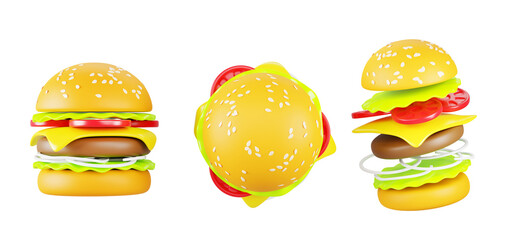 Burger or hamburger fly motion with ingredients, side and top view 3d render icon set. Isolated fast food beef cheeseburger with bread, sesame, meat, cheese, tomato, salad, onion