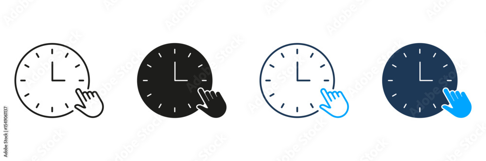 Poster clock with hand pointer line and solid icon set. time management, scheduling, and appointment settin