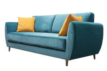 teal sofa with yellow pillows isolated on background