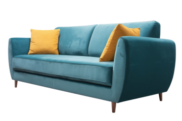 teal sofa with yellow pillows isolated on background
