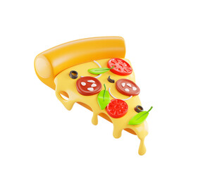 Slice of pizza with melted cheese 3d render icon. Cartoon piece of italian food with green basil leaves, tomato, salami, olive and hot molten cheesy drops isolated on white background