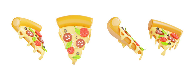 Italian pizza slice with melted dripping cheese top and angle view 3d render. Cartoon fast food icon set of triangle margarita pieces with molten cheesy drops isolated on background