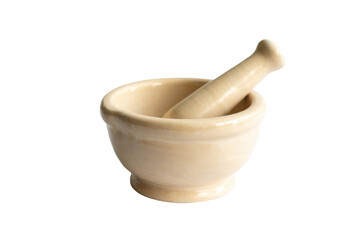 mortar and pestle, beige ceramic on white background.