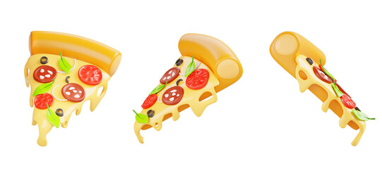Isolated pizza slices with melted cheese 3d render icon set. Traditional Italian food, cartoon pepperoni with basil leaves, salami, tomato and olive for restaurant or pizzeria menu
