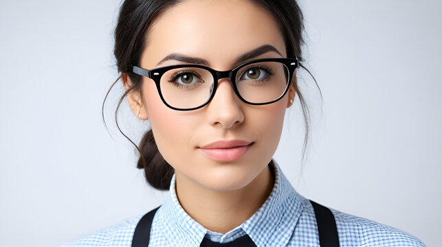 woman nerd with glasses, white background