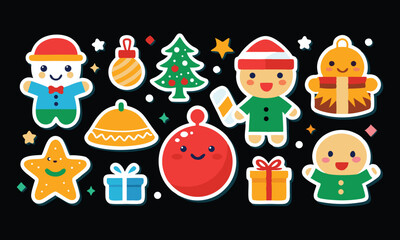 Cute christmas characters and festive elements sticker set