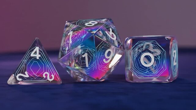 Iridescent Polyhedral Dice Set: D4, D20, and D6 with Geometric Line Art on a Blue Surface