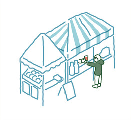 マルシェの屋台で飲み物を買う男の子　 手描きアイソメトリックイラスト