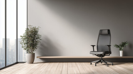 Minimalist workspace with ergonomic chair and greenery, embodying simplicity and focus