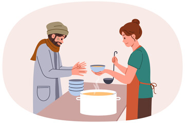 Homeless man receives food from female volunteer from shelter for poor people who are unemployed. Girl volunteers at charity that provides lunch to homeless people with nutrition vouchers.