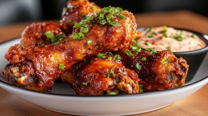 A mouthwatering plate of crispy chicken wings garnished with green onions, alongside a creamy dip, capturing the essence of appetizing comfort food and social dining experiences.