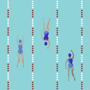 Swimming pool and swimmers top view.