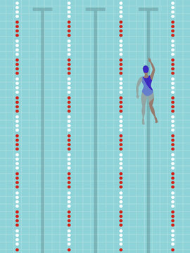 Swimming pool with lanes, top view, one swimmer.