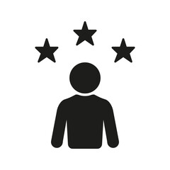 Person With Stars Solid Icon. Customer Satisfaction, Quality Rating, And User Experience Silhouette Symbol. Feedback And Evaluation Concept. Isolated Vector Illustration