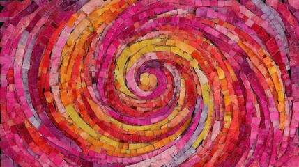 Fototapeta premium Vivid mosaic swirl of sunset hues with orange, magenta and yellow ceramic tesserae