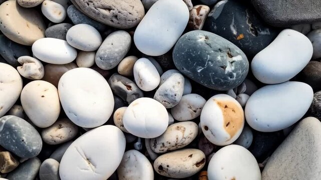 Smooth rounded pebble stone background, natural textures, calming zen garden, neutral hues, sea rocks, white grey and black beach pebbles, various sizes
