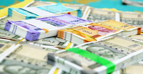 piles of new indian currency notes rupees 50,100,200 and 500