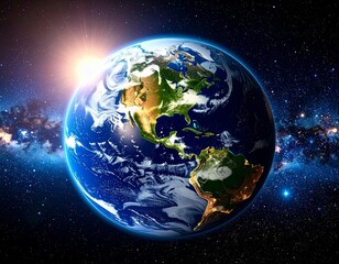 Fototapeta premium High-resolution photorealistic depiction of Earth viewed from space, showing detailed continents and oceans with atmospheric glow