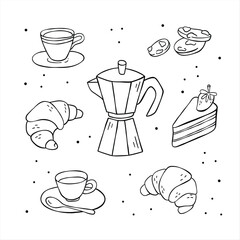 Moka pot, coffee maker, croissant, cake, cookies, cups of coffee. Food and drinks illustartion set. Hand drawn vector illustration, balck and white minimalist drawing.