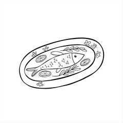 Fish served on a plate with herbs and lemon. Food illustartion. Hand drawn vector illustration, balck and white minimalist drawing.